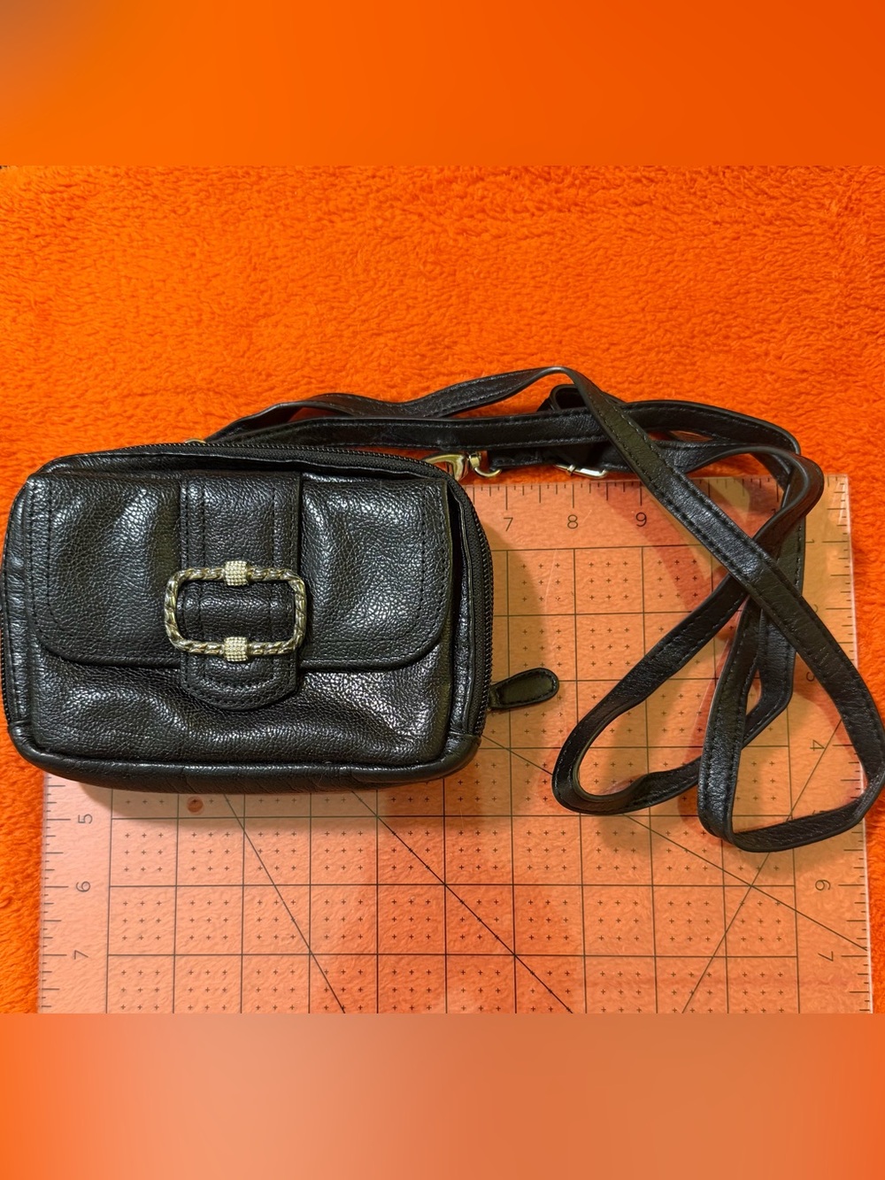 Brighton Black Leather Organizer Crossbody Bag Crystal Buckle 54” Strap